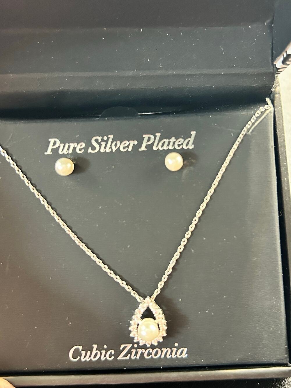 Faux Pearl & CZ Pendant Necklace Earrings Set Silver Plate 17" NIB
